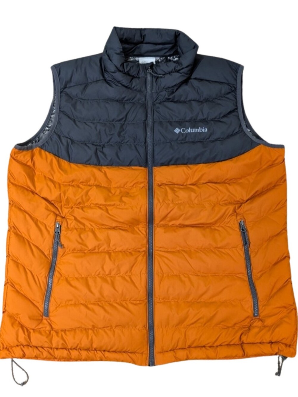 Men’s Columbia Omni-Heat insulated puffer vest featuring a two-tone gray and ora